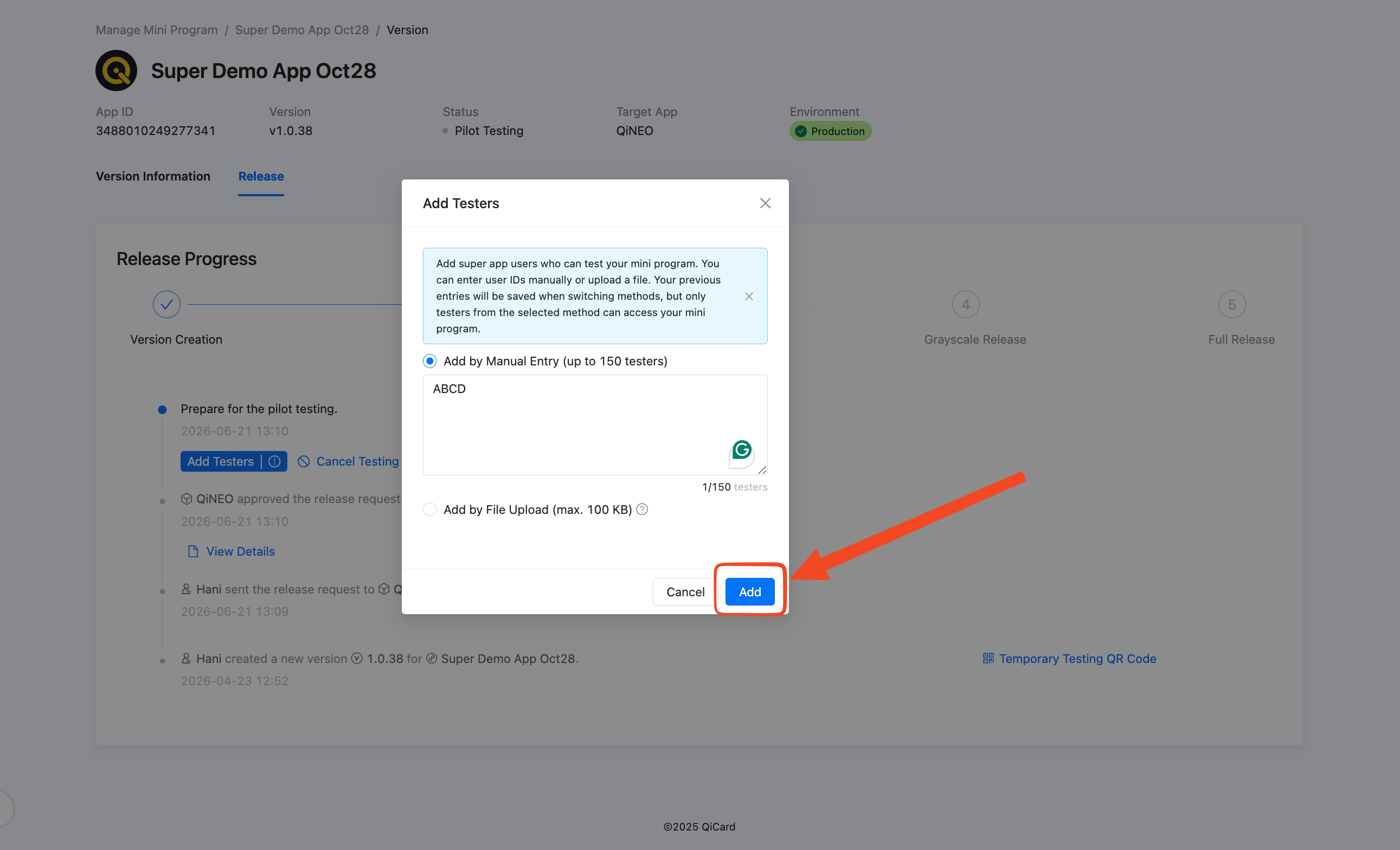 Add Testers Input