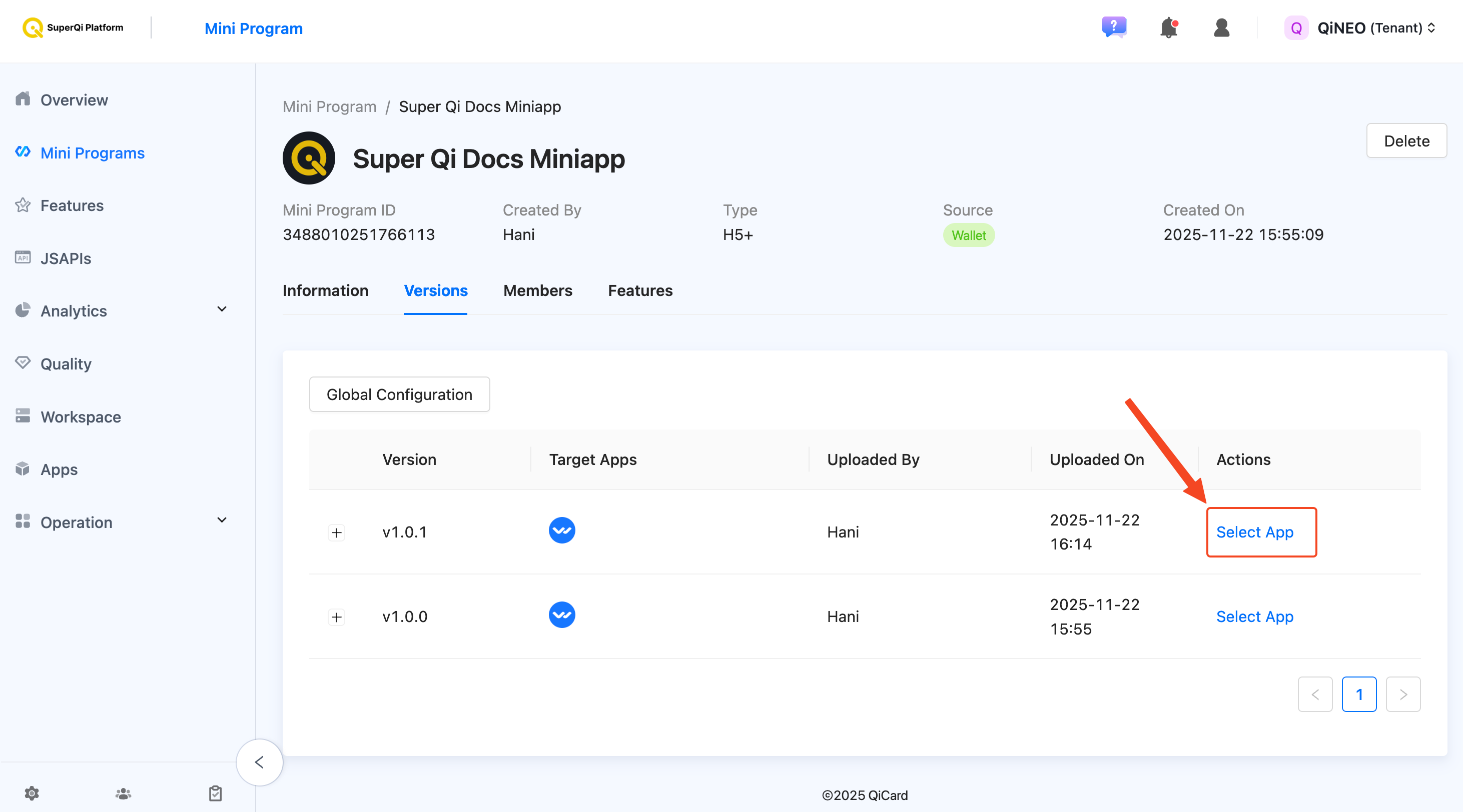 Versions Tab